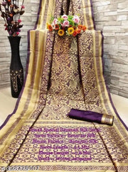 Jacquard Saree With Blouse For Women (Golden& Dark Red, 6.3M)