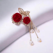 Floral Hair Clutcher with Red Rose, Golden Butterfly Accent and Pearl Danglers, Romantic Style